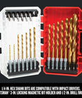 Front view of open two-tone white/red Craftsman 21-piece titanium nitride coated drill bit and screwdriver set in case.