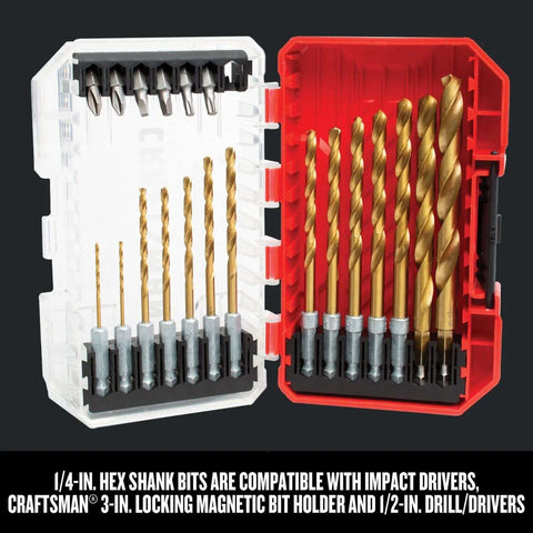 Front view of open two-tone white/red Craftsman 21-piece titanium nitride coated drill bit and screwdriver set in case.