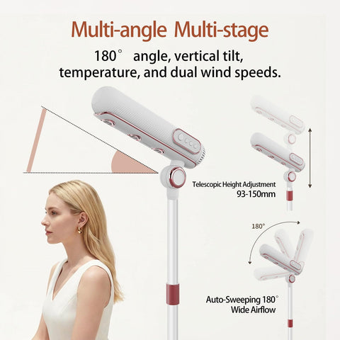 Hands Free High Speed Hair Dryer With Floor Stand 110000 RPM Brushless Motor Ionic Negative Ion Tech showing 180° tilt and height adjustment.