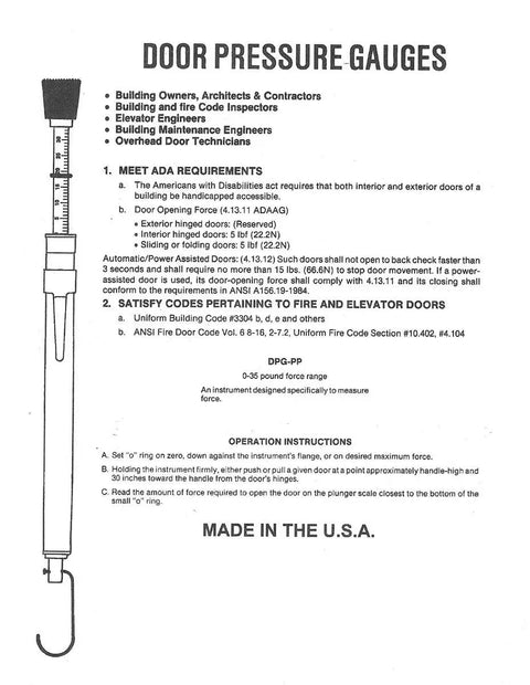 Push-Pull Pressure Gauge 0-35 Lbs ADA Compliant USA Made With Protective Plastic Tube, Built Tough Door Testing Tool For Accurate Force Readings In Maintenance And Installations.