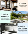 Straight Up Commercial Spring Kitchen Faucet With Pull Down Sprayer In Brushed Nickel and dual spray modes showcased in RV, outdoor, and balcony settings.