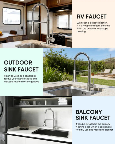 Straight Up Commercial Spring Kitchen Faucet With Pull Down Sprayer In Brushed Nickel and dual spray modes showcased in RV, outdoor, and balcony settings.