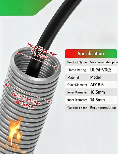 Grey Flame Retardant Corrugated Cable Safety Conduit with black wire inside, displaying inner and outer diameters.