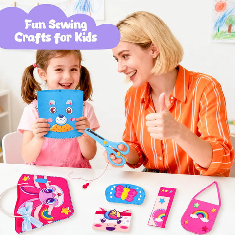 Child and adult using Kids Sewing Kit For Beginners with unicorn coin purse and projects