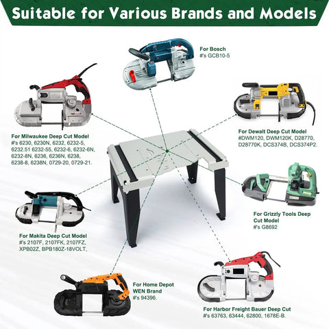 Portable Band Saw Stand Table For Versatile Use With Most Band Saws Including Milwaukee Deep Cut Models 6230 6232 6236 6238 Adjustable Height Stable Support Easy Setup On The Job shown with compatible saws from various brands including Bosch and Dewalt, displayed on a diagram.