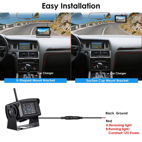 Wireless Backup Camera System Kit With Dual 7 Inch LCD Split Monitor showing easy installation options in vehicle interior.