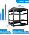 12U Open Frame Network Rack With 2x 14in Vented 1U Shelves And Rear Support Wall Mount Or Floor Standing Cabinet dimensions