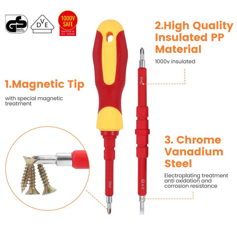 Infographic of 1000V Insulated Electrician Screwdriver Set With Case All In One 26 In 1 Magnetic Bit Kit showing features