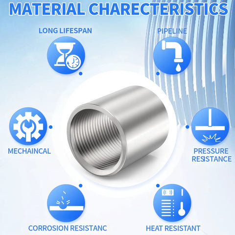 Beefy 304 Stainless Steel Pipe Coupling 1 Inch NPT Female X 1 Inch NPT Female Set Twelve Pack showing material characteristics.