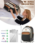 Woman placing Women Lightweight Rolling Backpack With Wheels For Travel And Work Water Resistant Underseat Carry On Luggage Rolling Laptop Bag Built For Everyday Travel And Boss Level Convenience Beige Brown in overhead bin