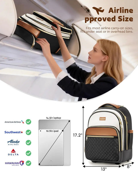 Woman placing Women Lightweight Rolling Backpack With Wheels For Travel And Work Water Resistant Underseat Carry On Luggage Rolling Laptop Bag Built For Everyday Travel And Boss Level Convenience Beige Brown in overhead bin