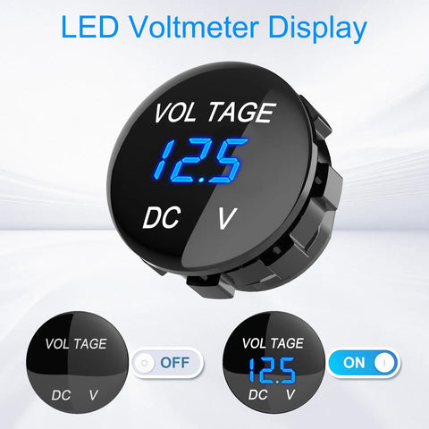 Close-up of blue LED voltmeter display from 4 In 1 12V USB Outlet Marine Switch Panel Kit With PD3.0 And Dual QC3.0 USB Ports 150W