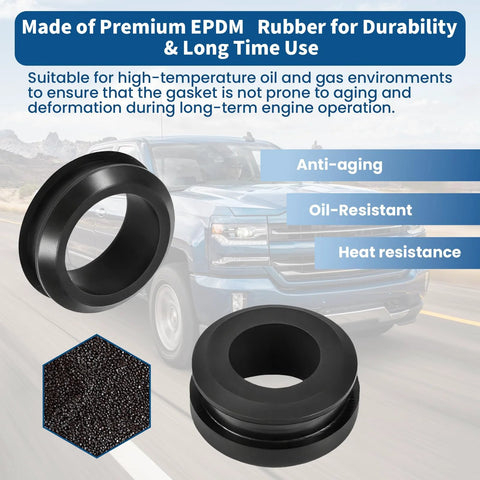 Two black PVC valve cover breather grommets for SBC and BBC engines, 0.75 in and 1 in ID, oil- and heat-resistant