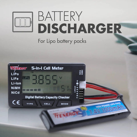 5 In 1 Battery Meter And Cell Checker For LiPo LiFePO4 Li-ion NiCd NiMH Packs, Digital display showing voltage reading