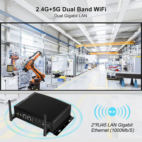 Ready To Roll Industrial Fanless Mini Pc Delivering Seamless Performance With Core I7 10510U Processor 64Gb Ram 512Gb Ssd Triple Display Output in a factory setting.