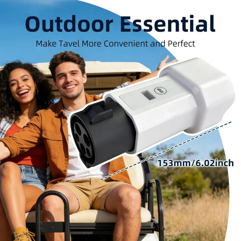 Sweetly Compact J1772 To Nema 5-15 And 5-20 Ev Charging Converter With Digital Meter displayed with couple outdoors.