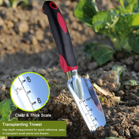 Transplanting trowel from 3 Piece Garden Tool Set With Heavy Duty Trowels And Shovels, Aluminum Blades, Non Slip Grip for planting.
