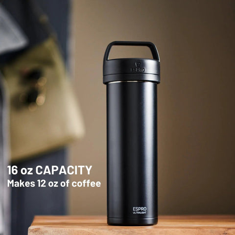 Ultralight Travel French Press Coffee Maker For On The Go Brews, Vacuum Insulated Stainless Steel 16 Ounce Capacity, Matte Meteorite Black