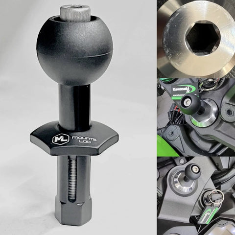 Moto Mount Ninja 12mm Hex Fork Stem Base With 1 Inch TPU Ball Adapter for Phone Camera GPS Mounts, installed on motorcycle