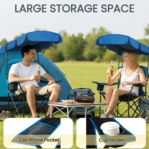 Two people sitting in Heavy Duty Oversized Portable Canopy Camping Chair With Sunshade 380 Lb Capacity Folding Lawn Chair for outdoors