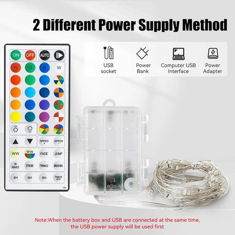 Color Changing Fairy Lights Battery Operated 2 Pack 40Ft Total 120LED Silver Copper Wire RGB String Lights With Remote Waterproof Indoor Outdoor Halloween Party Decor, remote and power supply options shown.