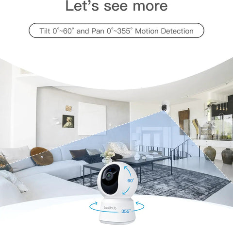 Must Have 360 Degree Pet Camera For Baby And Pets Indoor Security Camera with panoramic view in a modern living room setting.