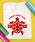 Electric Red Siser EasyWeed Heat Transfer Vinyl Roll 5 Feet on a white shirt with Turtle Swim Club design.