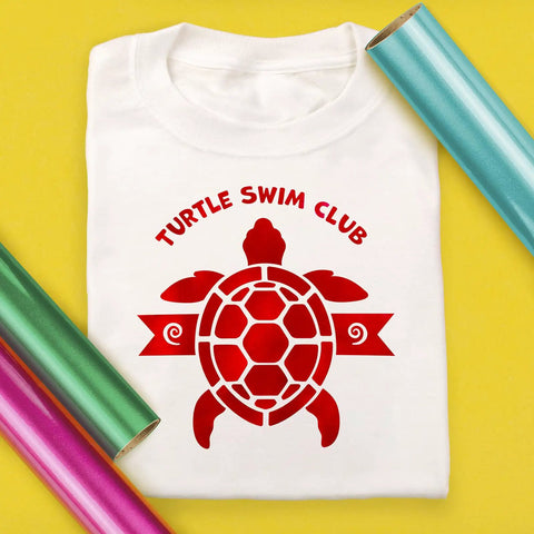 Electric Red Siser EasyWeed Heat Transfer Vinyl Roll 5 Feet on a white shirt with Turtle Swim Club design.