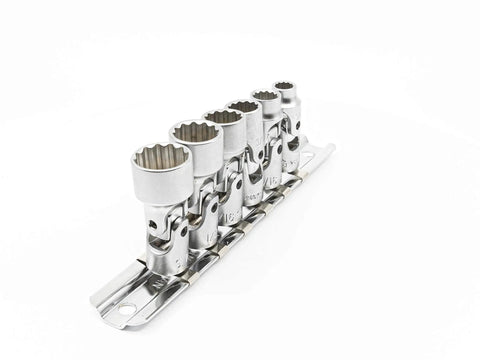 Six-Piece 1 Quarter Inch Drive SAE Universal Hand Socket Set With Rail Holder, 12-Point, CR-V Steel, flexible joints, side view