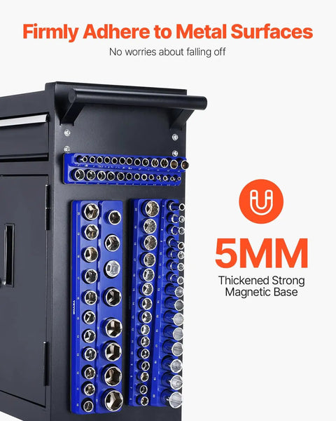 Top Tier Magnetic Socket Organizer Set Featuring Six Heavy Duty Holder Trays Compatible With 1/4 3/8 1/2 Inch Metric Sae Drives To Grip Up To 143 Standard Deep Sockets For A Smooth Shop Setup
