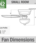 Diagram showing dimensions for 42 Inch Indoor Ceiling Fan With LED Light Fresh White Finish Low Profile Hugger Mount