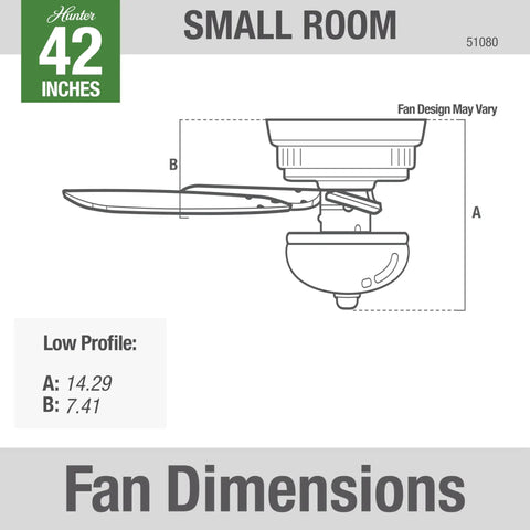 Diagram showing dimensions for 42 Inch Indoor Ceiling Fan With LED Light Fresh White Finish Low Profile Hugger Mount