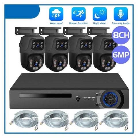8ch POE Outdoor Security Camera Surveillance NVR Kit Featuring 6MP Dual Lens IP Cameras with four mounted cameras and NVR.