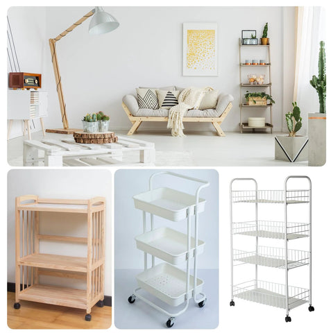 Swivel Caster Set One Point Five Inch Grip Neck White Plastic Casters With Brakes visible on furniture and storage carts.
