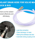 Radiator Coolant Drain Hose 1100mm For Volvo And Mack Plug And Play Radiator Adapter Compatible With 2004-2019 Volvo Trucks D11 D13 D16 Engines And 2008-2019 Mack MP7 MP8 MP10 Engines OEM 9996049 Replacement, shown with brass connector and silicone hose, installed in vehicle.