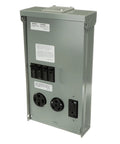 Heavy Duty 100 Amp Rv Power Outlet Box With Gfci Receptacle And Prewired Breakers in galvanized steel housing.