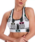 Woman wearing Pineapple Print Yoga Bra With Sunglasses Removable Padding Cross Back Sports Crop Top For Women Premium Fabric 86 Polyester 14 Spandex