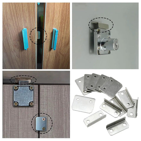 Heavy Duty Nickel Plated Drawer Stopper Set L Shaped And Straight Cabinet Back Braces Rust Proof showing various angles and mounting examples.