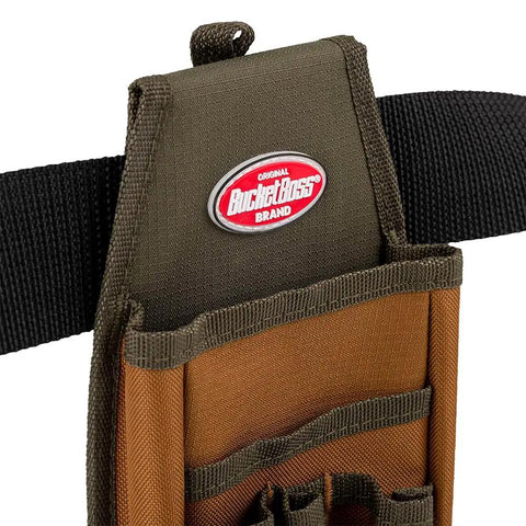 Close-up of brown FlapFit Utility Pouch with 5 pockets and exterior tool loop, durable poly ripstop 600D material, belt attachment.