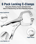 Axgsrv Heavy Duty 6 Inch Locking C Clamps With Swivel Pads Ideal for woodworking and welding projects, shown with adjustable thumbscrew.