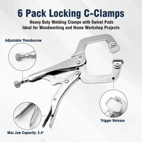 Axgsrv Heavy Duty 6 Inch Locking C Clamps With Swivel Pads Ideal for woodworking and welding projects, shown with adjustable thumbscrew.