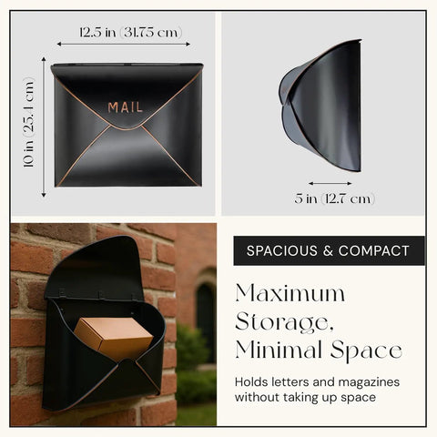 Built Tough Black Wall Mount Mailbox For Outdoor Use 12.5 X 5 X 10 Inch Weatherproof Envelope Mailbox shown mounted on a wall