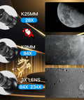 Awesome Starter Friendly 90mm Refractor Telescope With 700mm Focal Length showing K9mm, K25mm eyepieces, and 3x Barlow lens views