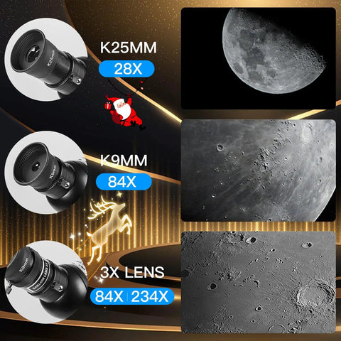 Awesome Starter Friendly 90mm Refractor Telescope With 700mm Focal Length showing K9mm, K25mm eyepieces, and 3x Barlow lens views