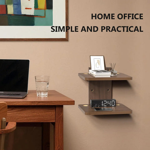 Wall Mounted Two Tier Floating Media Shelf In Rich Walnut Brown For Projectors And DVD Players With No Sweat Cable Routing And Heavy Duty Build To Secure All Your Rec Room Entertainment Gear in a home office setting with decor.