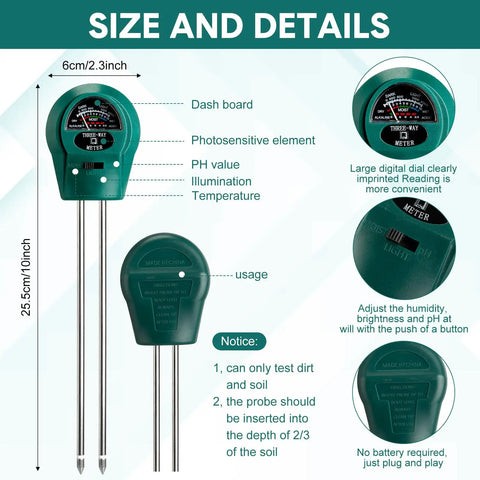 4 Pack Plant Moisture Meter 3 In 1 Soil Tester And PH Monitor For Houseplants And Garden Indoor Outdoor Yard Lawn Patio Farm Care No Battery Required Green showing size and details with labeled features.
