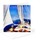 Six Pack Sailing Greeting Cards Featuring Gulet Sailboat Acrylic Art Blank Inside For Your Message Heavy Card Stock That Writes Smooth Smudge Free Envelopes Included Perfect Gift For Boat Heads And Sea Fans. Gulet sailboat against blue sky.