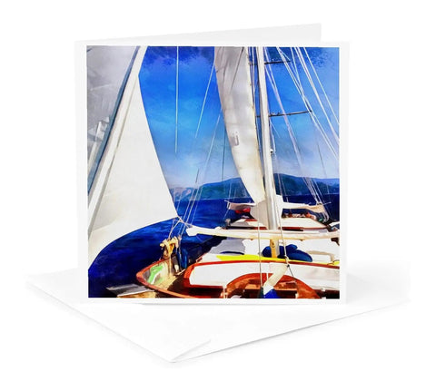 Six Pack Sailing Greeting Cards Featuring Gulet Sailboat Acrylic Art Blank Inside For Your Message Heavy Card Stock That Writes Smooth Smudge Free Envelopes Included Perfect Gift For Boat Heads And Sea Fans. Gulet sailboat against blue sky.