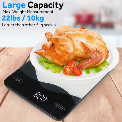 Cooked chicken on Digital Kitchen Scale 22lb 10kg USB C Rechargeable With Tempered Glass Top Easy Clean LED Touch Screen