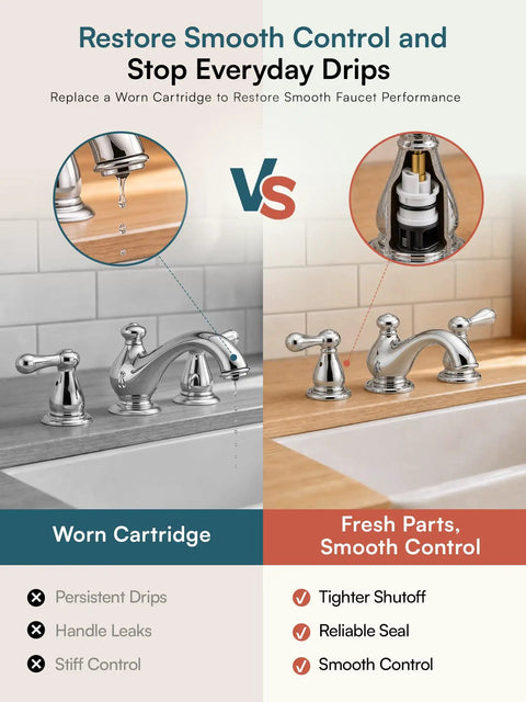 No Sweat Top Shelf Two Handle Delta Faucet Repair Kit Rp25513 Stem Assembly, showing worn cartridge vs fresh parts for smooth control.